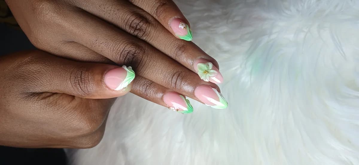 Acrylic full set stiletto shape with geometric nail art at Glit Nails